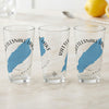 Three clear glasses with blue Rattlesnake Lake map designs and Washington text.