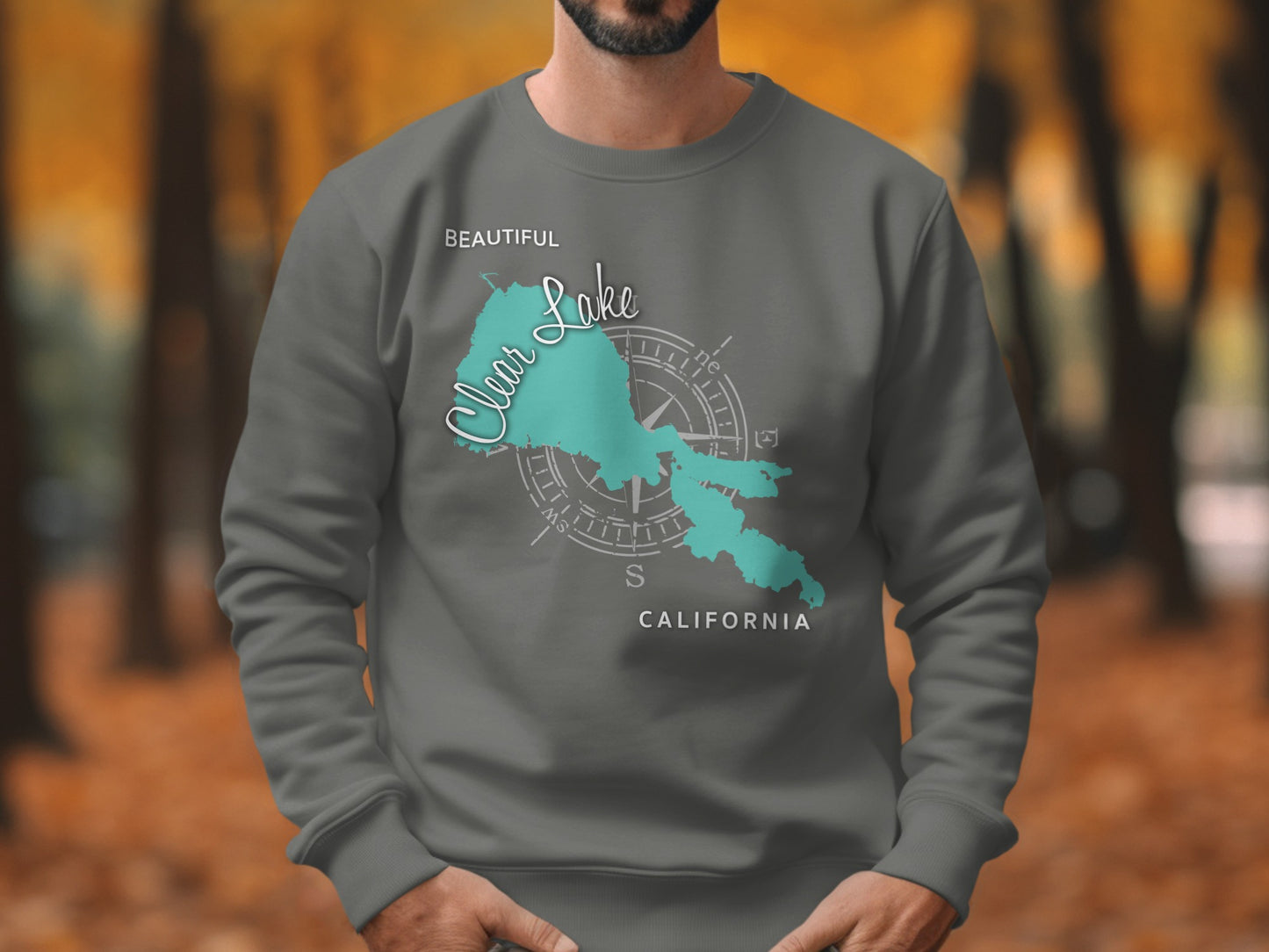 Grey sweatshirt with "Beautiful Clear Lake California" map graphic.