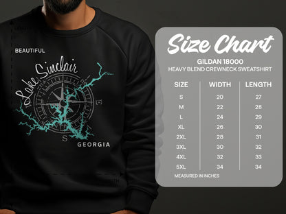 Lake Sinclair, Georgia sweatshirt size chart.