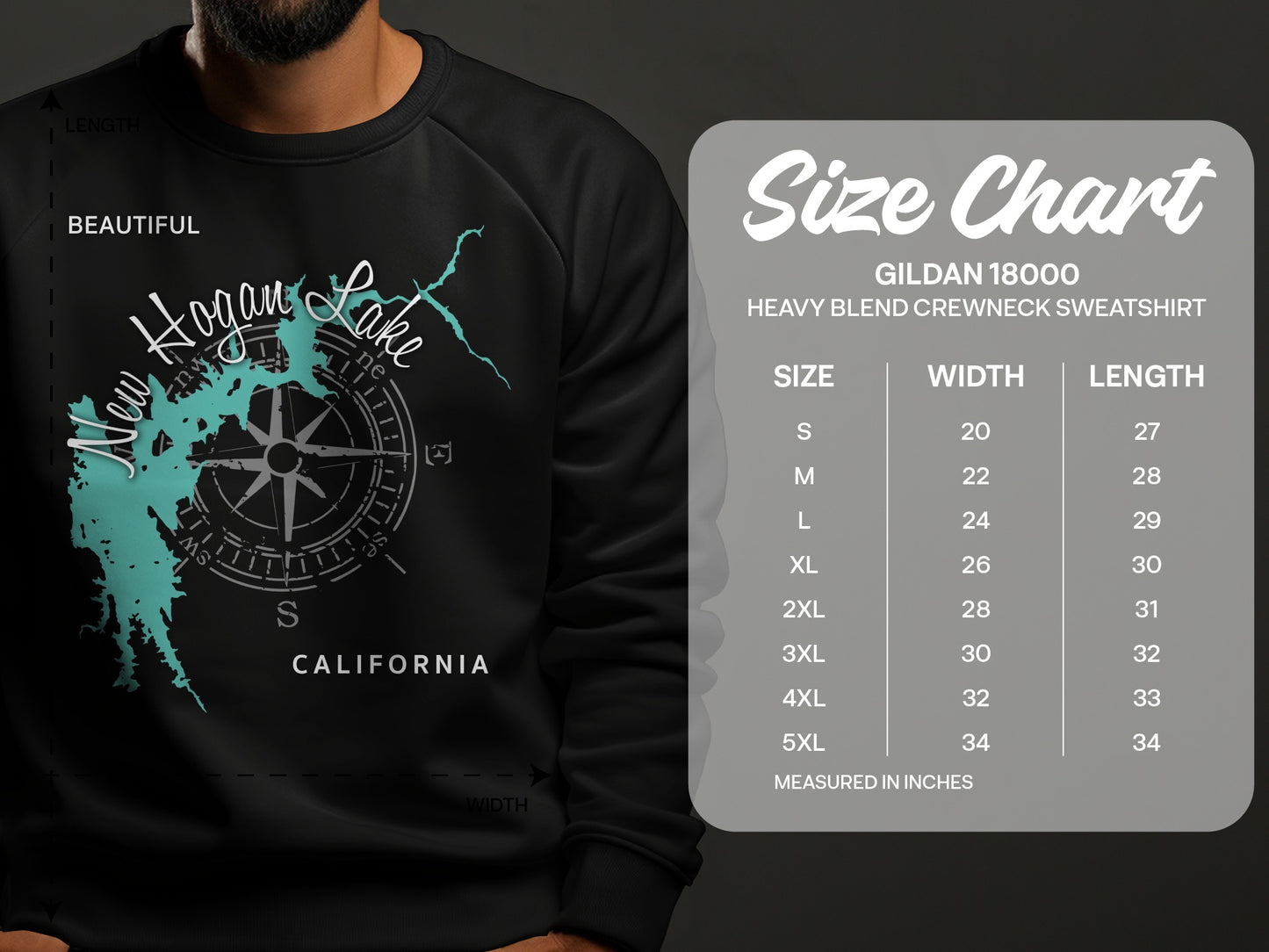New Hogan Lake sweatshirt with size chart for Gildan 18000 heavy blend crewneck.
