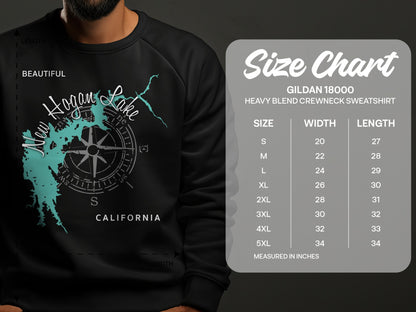 New Hogan Lake sweatshirt with size chart for Gildan 18000 heavy blend crewneck.
