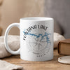 White mug with Fontana Lake North Carolina map and compass design.