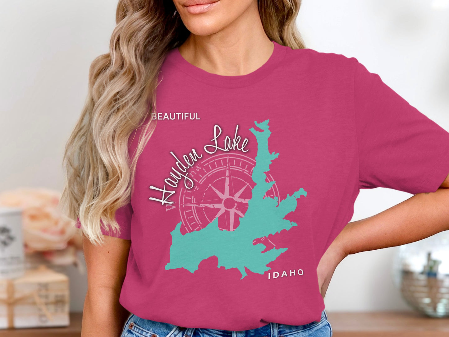 Hayden Lake, Idaho map with compass rose on a pink t-shirt.
