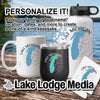 Mug, tumbler, and water bottle with Lake Michigan map and compass designs.