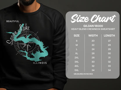Crewneck sweatshirt with Spoon Lake Illinois map graphic and size chart.