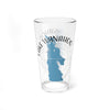 Clear glass pint glass with blue Lake Wanahoo map and compass design.