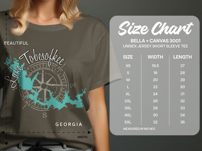 T-shirt featuring a compass rose and "Lake Tobesofkee Georgia" map, with a size chart.