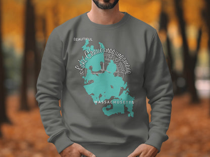 Grey sweatshirt with Lake Chaubunagungam Massachusetts map graphic.