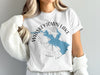 White t-shirt with a blue map of Whiskeytown Lake, California and a compass design.