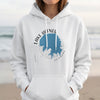 White hoodie with Lake Hefner Oklahoma map graphic and compass design.