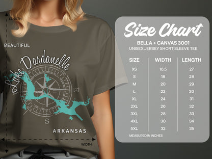 T-shirt with "Lake Dardanelle Arkansas" graphic and size chart.