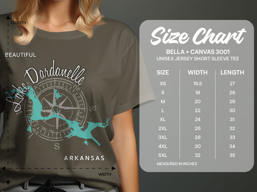 T-shirt with "Lake Dardanelle Arkansas" graphic and size chart.