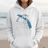 White hoodie with Eklutna Lake Alaska map and compass graphic.