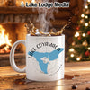 White mug with Lake Cuyamaca map and compass design, steaming coffee.
