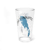 Clear glass pint glass with blue Lake Winnipeg map and compass design.