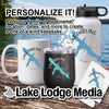 White and black drinkware featuring "Lake Darling" and a blue fish illustration.