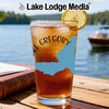 Iced tea in a glass with "Lake Gregory" and a blue map graphic, lakeside.