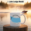 White mug with Lake McConaughy Nebraska design on a scenic lake background.