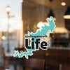Wallenpaupack Life sticker featuring a teal lake outline on a glass surface.