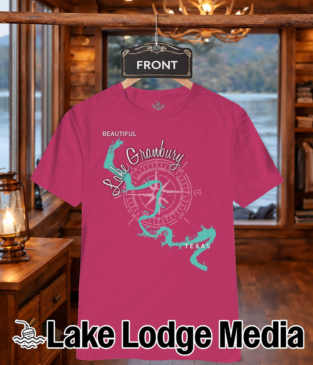 Pink t-shirt with Lake Granbury map design and "Lake Lodge Media" logo.