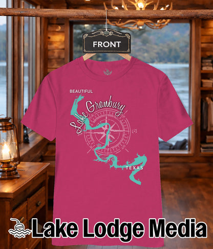 Pink t-shirt with Lake Granbury map design and "Lake Lodge Media" logo.