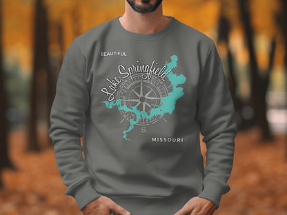 Gray sweatshirt featuring a teal compass rose overlaying a map of Lake Springfield, Missouri.