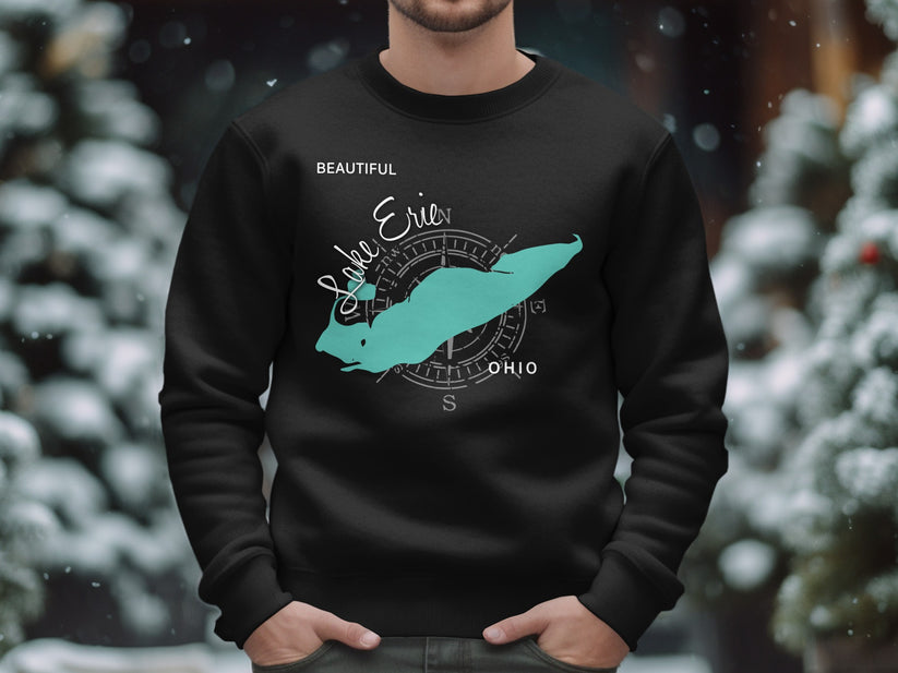 Black sweatshirt with "Beautiful Lake Erie Ohio" text and map graphic.