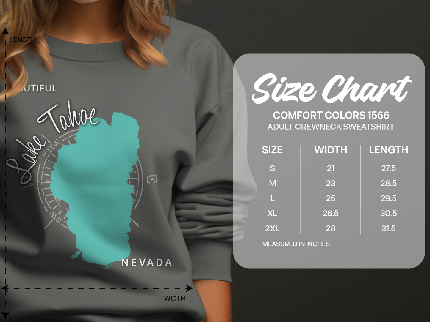 Size chart for Comfort Colors 1566 adult crewneck sweatshirt.