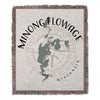 Minong Flowage Wisconsin map and compass design on a fringed woven throw blanket.