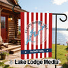 Garden flag with red and white stripes, Logan Martin Lake map, and "The Smith Family."