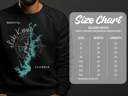 Lake Keowee, Georgia sweatshirt with size chart.
