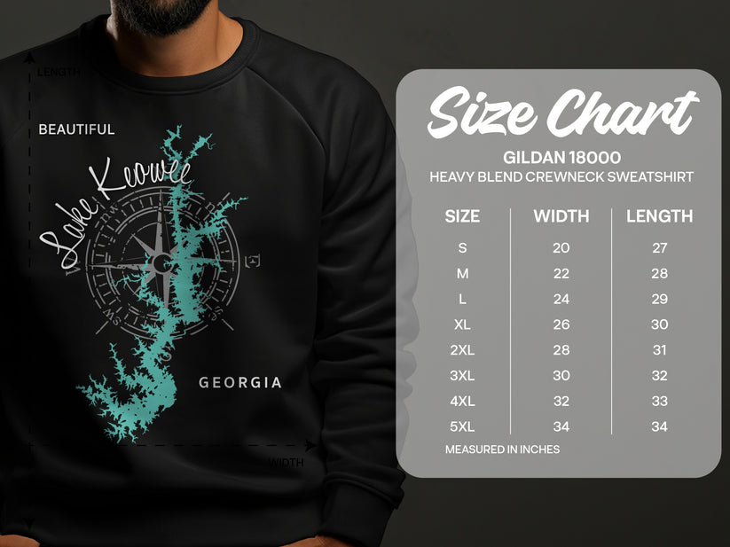 Lake Keowee, Georgia sweatshirt with size chart.