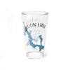 Clear glass pint glass with Walloon Lake map and compass design.