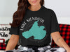Black t-shirt with Lake Mendota Wisconsin map and compass design.
