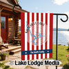Red and white striped garden flag with "Mitchell Lake Alabama" and "The Smith Family".