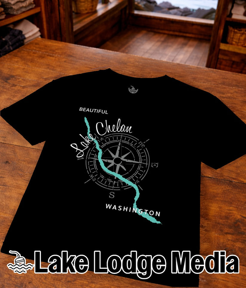 Black t-shirt with "Beautiful Lake Chelan" and a compass design.