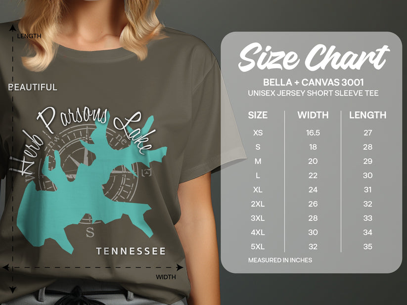Bella + Canvas 3001 unisex tee size chart with Tennessee Parsons Lake graphic.