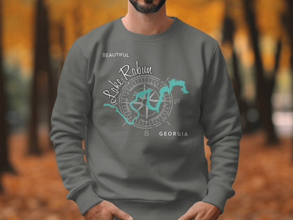 Gray sweatshirt with a compass and "Beautiful Lake Rabun Georgia" map design.