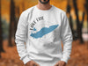 White crewneck sweatshirt with Lake Erie map, compass, and "New York" text.