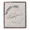 Norris Lake Tennessee map and compass design on fringed woven throw blanket.