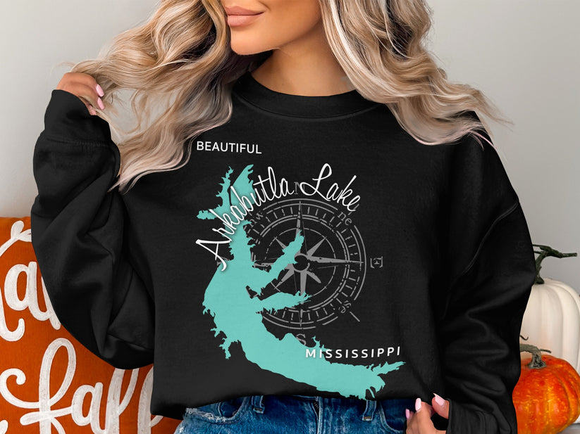 Black sweatshirt with teal Mississippi map and compass graphic.