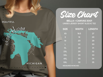 Bella + Canvas 3001 size chart for unisex jersey short sleeve tee.