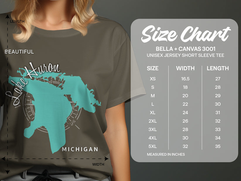 Bella + Canvas 3001 size chart for unisex jersey short sleeve tee.