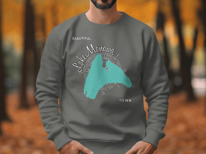 Gray sweatshirt with teal "Beautiful Lake Manawa Iowa" design and compass rose.