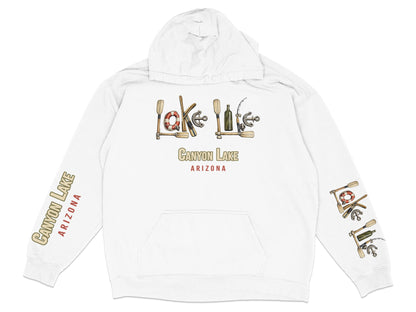 White hoodie with "Lake Life Arizona" text and paddle, oar, and life preserver graphics.