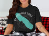Black t-shirt with teal Onondaga Lake outline, compass, and "New York" text.