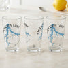 Three clear glasses feature a blue map design of Stockton Lake and a compass rose.