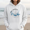 White hoodie with Lake Amistad Texas compass graphic and copyright text.