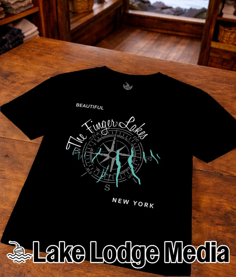 Black t-shirt with "Beautiful Finger Lakes New York" and compass design.
