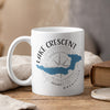 White mug with Lake Crescent map and compass design, Washington.